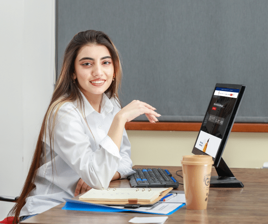 Adorable Girl Sitting Office Smiling High Quality Photo